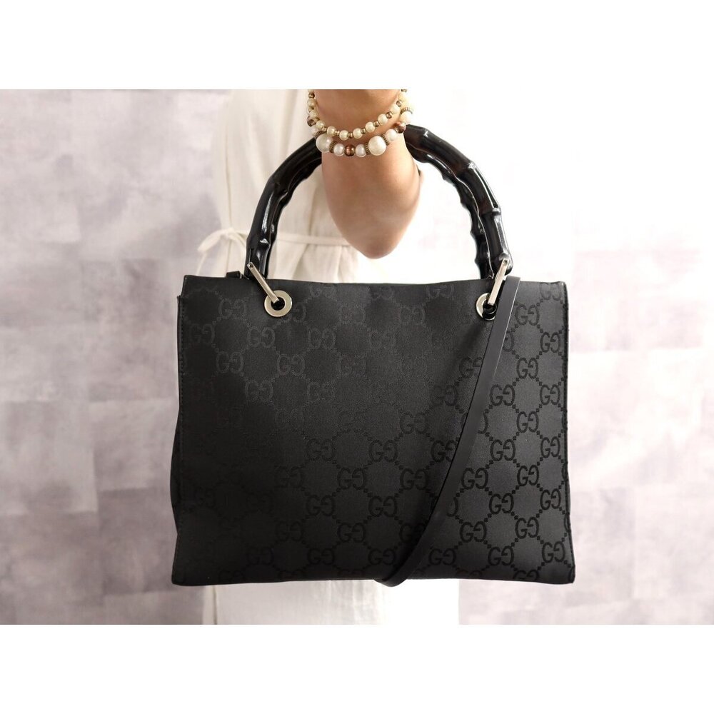 Gucci Bamboo GG Calf Leather Handbag Black Silver Hardware Arm